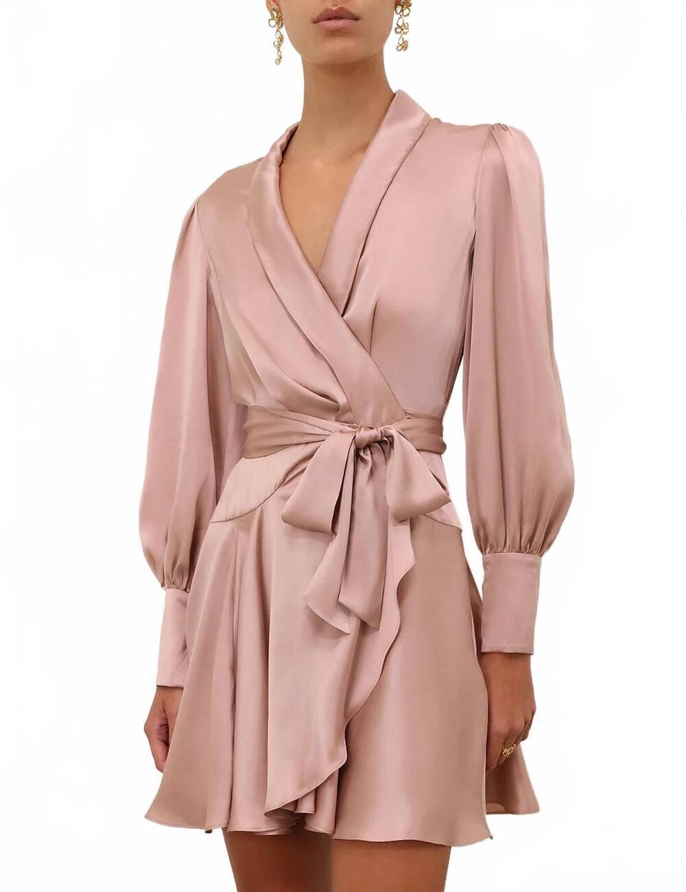 NEW ZIMMERMANN women's silk wrap mini dress in dusty rose